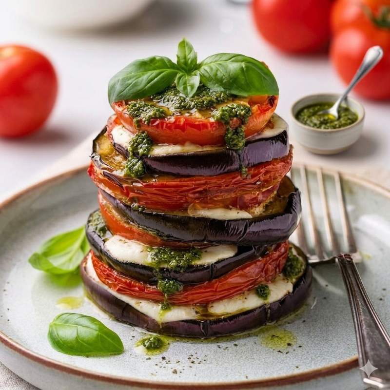 Grilled Eggplant Napoleon with Nut free Pesto