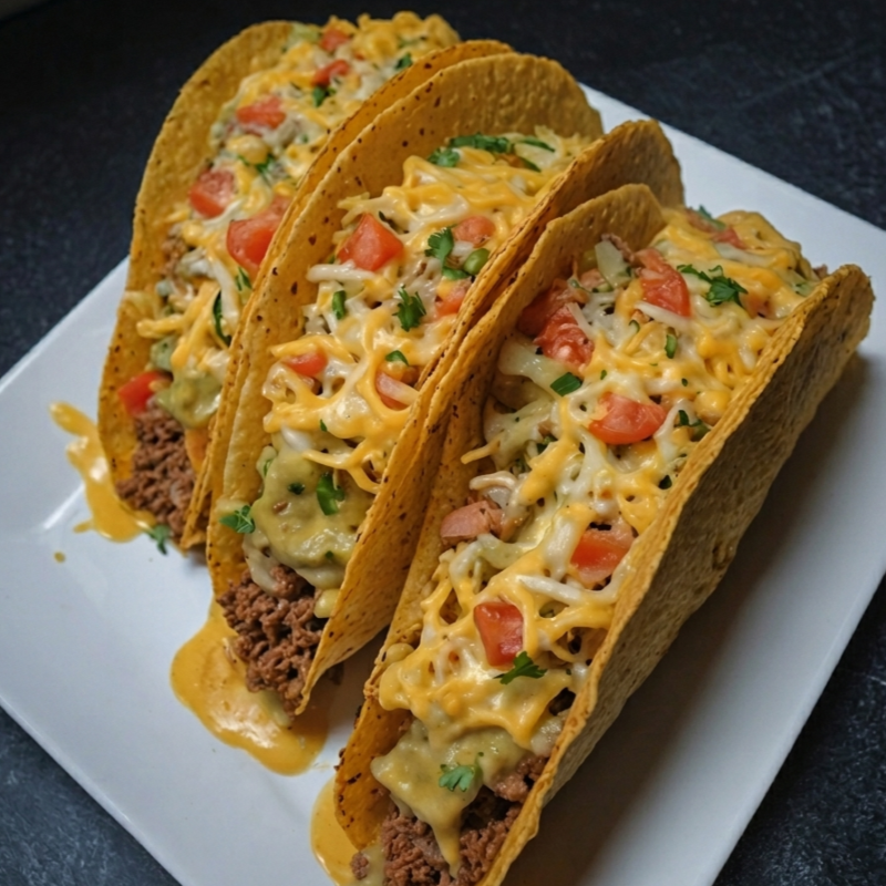 Beef Tacos with shredded Cheese & Chopped Tomatoes
