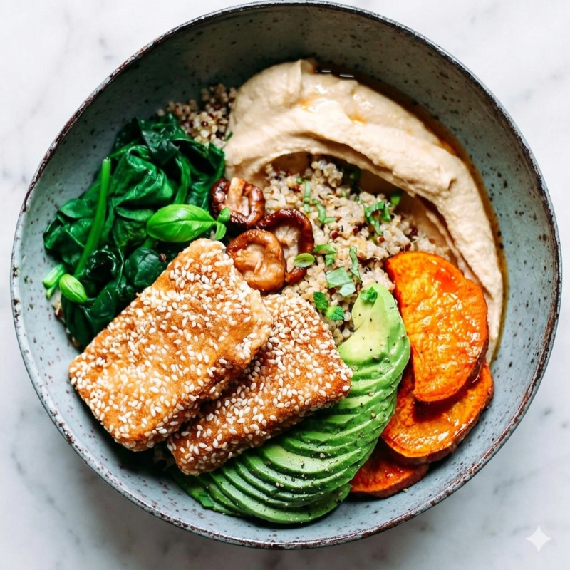Sesame Crusted Tofu Salad with Bok Choy, Quinoa & Hummus