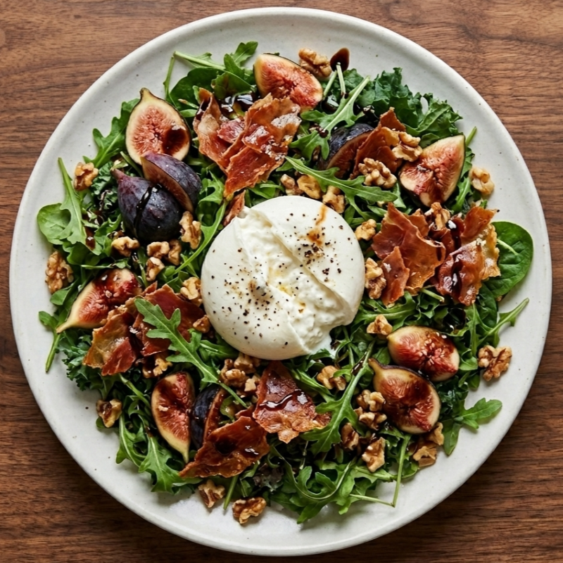 Dark greens Salad with fresh Figs, Crispy Prosciutto & Burrata