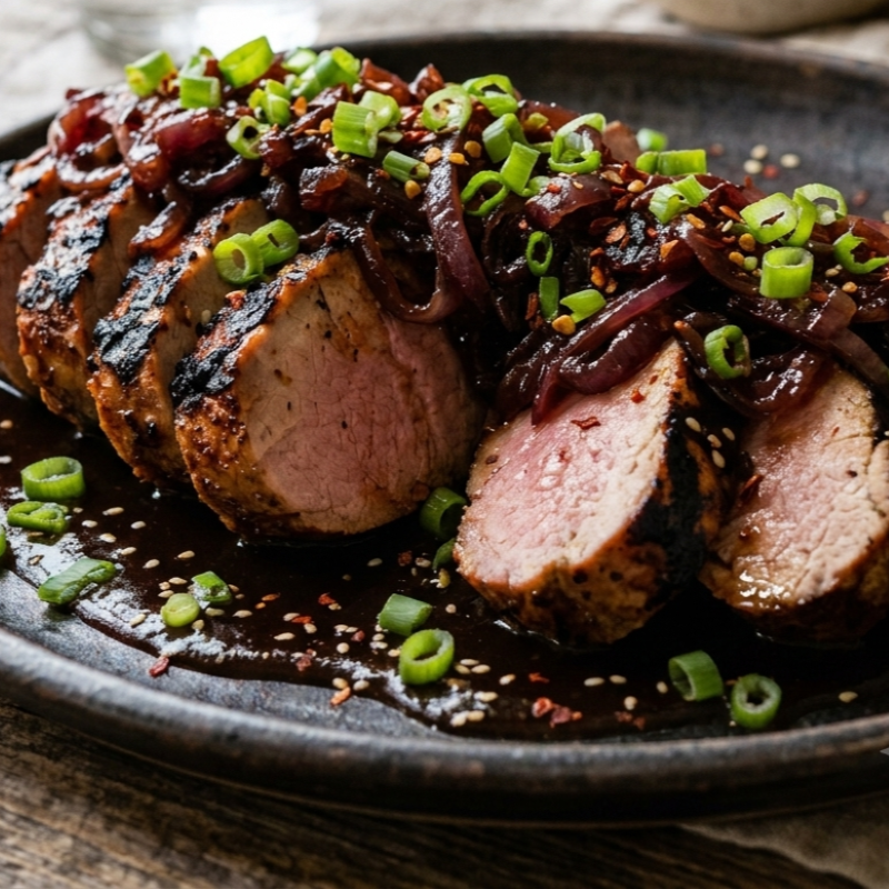 Grilled Hoisen Pork Tenderloin topped with Caramelized Onions
