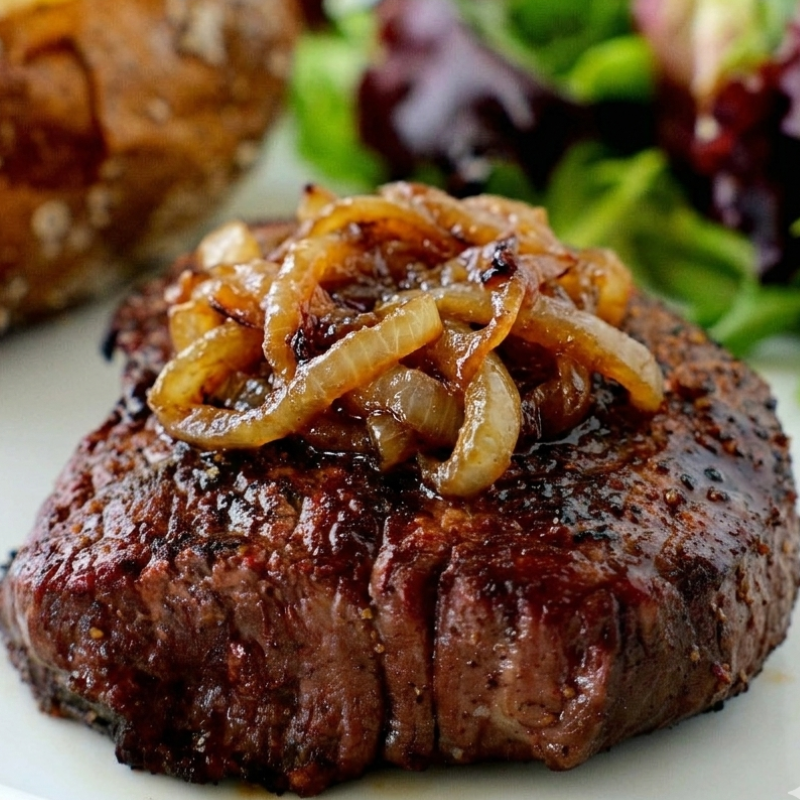 Grilled Top Sirloin topped with Caramelized Onions